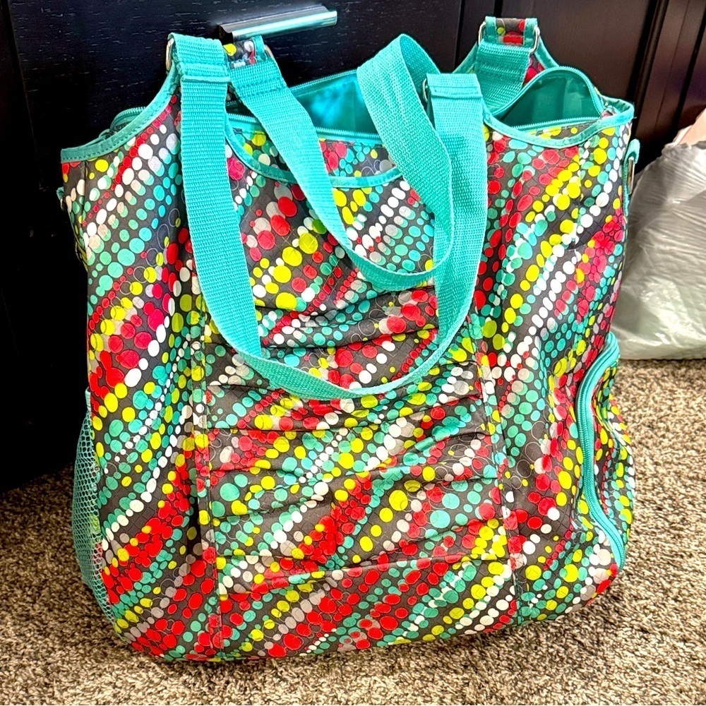Polka Dot Women's Tote Bag Thirty one 31 gym bag workout shoe compartment teal - Picture 3 of 6